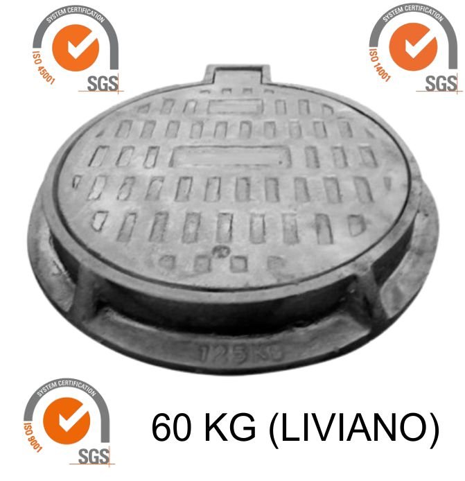 TAPA DE BUZON 60 KG, FIERRO FUNDIDO 60CM DIAMETRO, MARCO Y TAPA LIVIANA